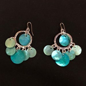 Silvertone blue shell chandelier earrings